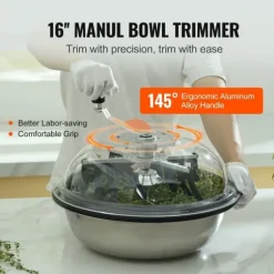 16" bladskålstrimmer med tillbehörsset, genomskinligt lock, enkla manuella kontroller, väl synlig drift, utbytbara blad