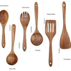 6 delar köksredskapsset i teak för non-stick köksredskap, träspatel, gaffel, spatel, slev, pass