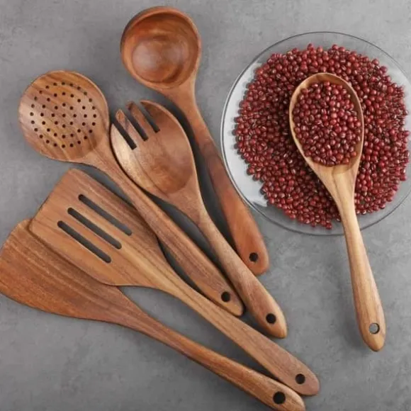 6 delar köksredskapsset i teak för non-stick köksredskap, träspatel, gaffel, spatel, slev, pass