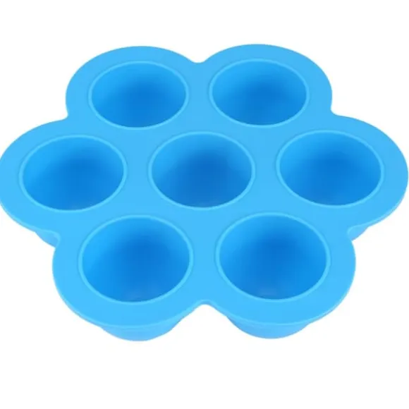 7 Hål Silikon Äggform Återanvändbar Förvaringsbehållare Barnmat Frysbrickor med Lock Blå