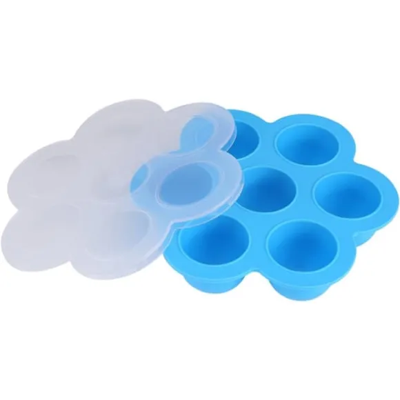 7 Hål Silikon Äggform Återanvändbar Förvaringsbehållare Barnmat Frysbrickor med Lock Blå