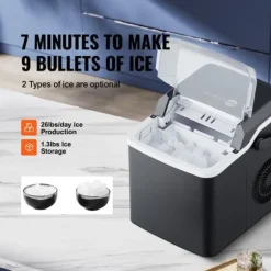26 lbs/dag 105W bärbar ismaskin, justerbar isbitsstorlek, avancerad isoleringsteknik, högkvalitativ kompressor, självrengörande
