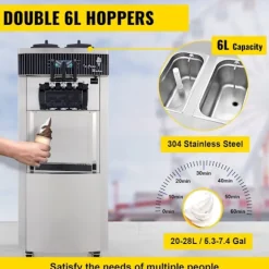 20-28 L/timme kommersiell mjukglassmaskin med dubbla 6-liters trattar och smart LCD-panel, 3 smaker, lätt att flytta