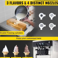 20-28 L/timme kommersiell mjukglassmaskin med dubbla 6-liters trattar och smart LCD-panel, 3 smaker, lätt att flytta