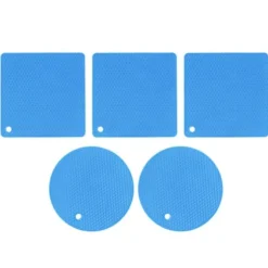 5 st 2 runda 3 fyrkantiga silikonvaxkaksmattor mångsidiga värmedynor för varma rätter och bord blå