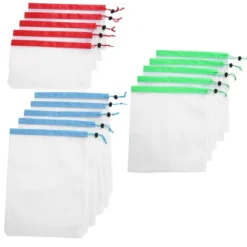 15 st. 3 storlekar dragskonätpåsar återanvändbara diverse leksaksfrukter och grönsaker förvaringsstans