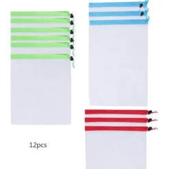 12 st återanvändbara frukt- och grönsakspåsar miljövänliga polyesternät grönsaks- och fruktleksaker förvaring