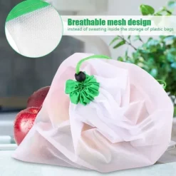 16 st återanvändbara tvättbara grönsaks- och fruktnätpåsar med dragsko