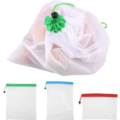 16 st återanvändbara tvättbara grönsaks- och fruktnätpåsar med dragsko