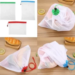 16 st återanvändbara tvättbara grönsaks- och fruktnätpåsar med dragsko