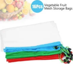 16 st återanvändbara tvättbara grönsaks- och fruktnätpåsar med dragsko