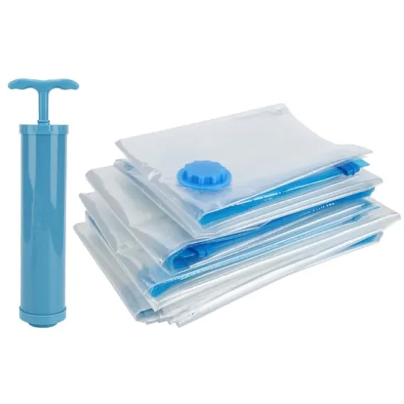 6 st. vakuumförvaringspåse för täcken, genomskinlig, vakuumkomprimerad påse för resor, filt och kläder (vakuumförvaringspåse + handpump)