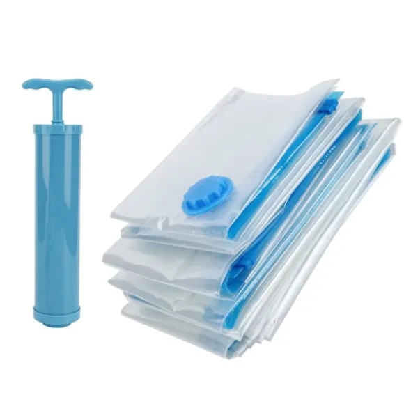 6 st. vakuumförvaringspåse för täcken, genomskinlig, vakuumkomprimerad påse för resor, filt och kläder (vakuumförvaringspåse + handpump)