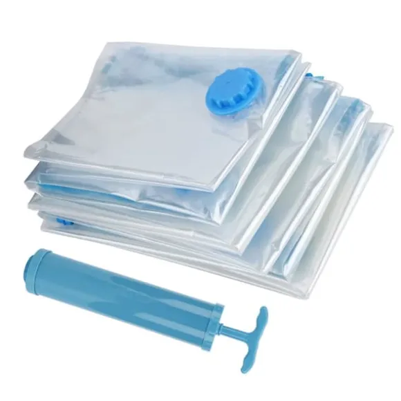 6 st. vakuumförvaringspåse för täcken, genomskinlig, vakuumkomprimerad påse för resor, filt och kläder (vakuumförvaringspåse + handpump)