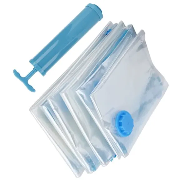 6 st. vakuumförvaringspåse för täcken, genomskinlig, vakuumkomprimerad påse för resor, filt och kläder (vakuumförvaringspåse + handpump)