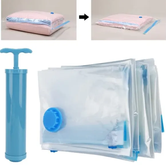 6 st. vakuumförvaringspåse för täcken, genomskinlig, vakuumkomprimerad påse för resor, filt och kläder (vakuumförvaringspåse + handpump)