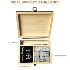 9 ST Whiskystenar Set Trälåda Chilling Rocks Återanvändbara isbitar