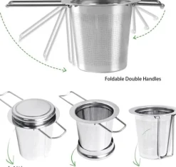 1 tesil i rostfritt stål med vikbara dubbla handtag och lock, kan hängas på tekannor, koppar, muggar, för att brygga löst te och kaffe