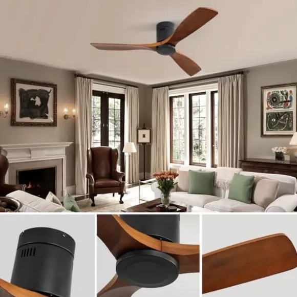 52 tum Flachbyggd takfläkt DC med 3 träblad, tyst reversibelt motor och fjärrkontroll, utan belysning