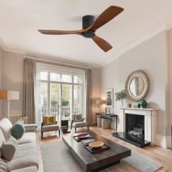 52 tum Flachbyggd takfläkt DC med 3 träblad, tyst reversibelt motor och fjärrkontroll, utan belysning