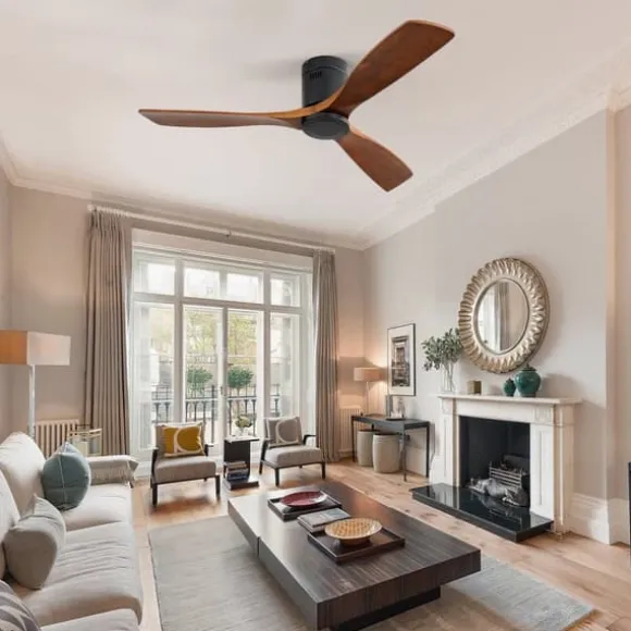 52 tum Flachbyggd takfläkt DC med 3 träblad, tyst reversibelt motor och fjärrkontroll, utan belysning