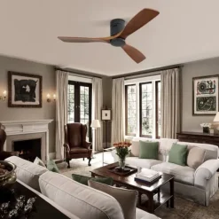 52 tum Flachbyggd takfläkt DC med 3 träblad, tyst reversibelt motor och fjärrkontroll, utan belysning