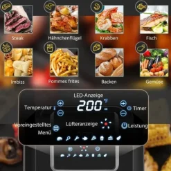 Airfryer 6,5 L, 1700 W, 8 program, LED-display, non-stick korg, hälsosam oljefri matlagning