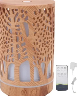 Aromaterapifuktare i träfiberplast, USB-driven eterisk oljediffusor med 7 LED-färgade lampor och fjärrkontroll (EU-kontakt 100-240V)