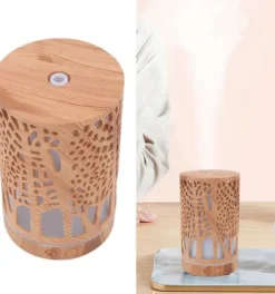 Aromaterapifuktare i träfiberplast, USB-driven eterisk oljediffusor med 7 LED-färgade lampor och fjärrkontroll (EU-kontakt 100-240V)