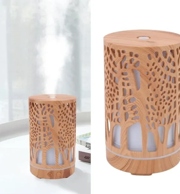 Aromaterapifuktare i träfiberplast, USB-driven eterisk oljediffusor med 7 LED-färgade lampor och fjärrkontroll (EU-kontakt 100-240V)