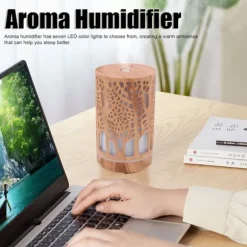 Aromaterapifuktare i träfiberplast, USB-driven eterisk oljediffusor med 7 LED-färgade lampor och fjärrkontroll (EU-kontakt 100-240V)
