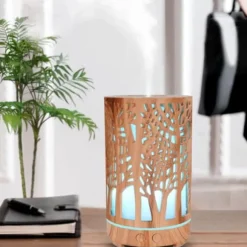 Aromaterapifuktare i träfiberplast, USB-driven eterisk oljediffusor med 7 LED-färgade lampor och fjärrkontroll (EU-kontakt 100-240V)