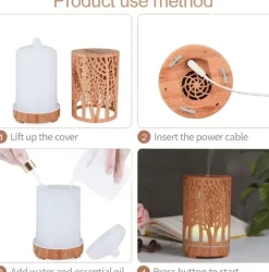 Aromaterapifuktare i träfiberplast, USB-driven eterisk oljediffusor med 7 LED-färgade lampor och fjärrkontroll (EU-kontakt 100-240V)