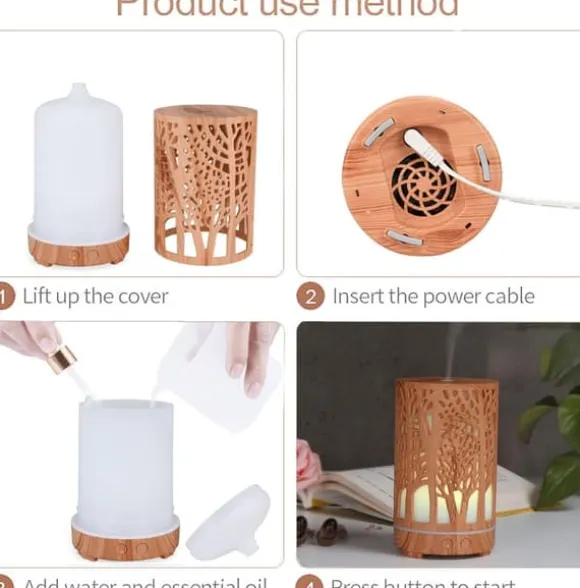 Aromaterapifuktare i träfiberplast, USB-driven eterisk oljediffusor med 7 LED-färgade lampor och fjärrkontroll (EU-kontakt 100-240V)