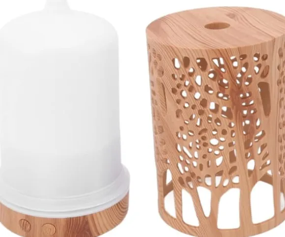 Aromaterapifuktare i träfiberplast, USB-driven eterisk oljediffusor med 7 LED-färgade lampor och fjärrkontroll (EU-kontakt 100-240V)