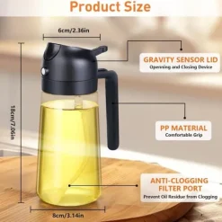 Auledio 470 ml Sprayflaska för Olja och Vinäger - 2-i-1 Oljesprayflaska för Matlagning, Grill och Bakning