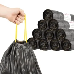 Avfallspåsar med dragsnöre - Slitstarka och perforerade | Färg: Svart | Storlek: 120 L, 250 st