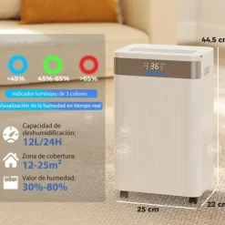 Avfuktare - Elektrisk luftavfuktare - 12 L/dygn - 2 L tank - Tyst - 24 h timer - Kontinuerlig dränering - 12–25 m² - Vit