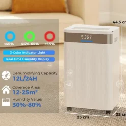 Avfuktare - Elektrisk luftavfuktare - 12 L/dygn - 2 L tank - Tyst - 24 h timer - Kontinuerlig dränering - 12–25 m² - Vit