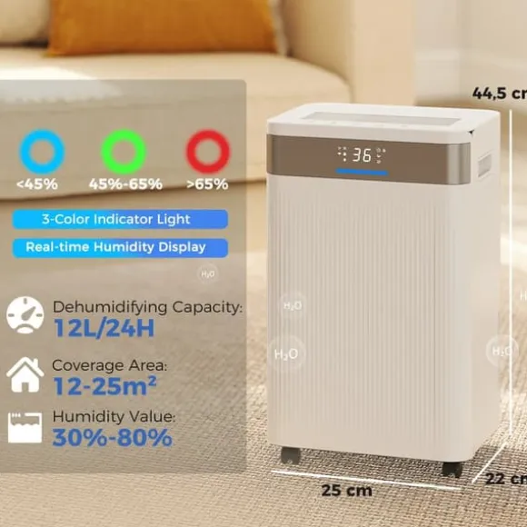 Avfuktare - Elektrisk luftavfuktare - 12 L/dygn - 2 L tank - Tyst - 24 h timer - Kontinuerlig dränering - 12–25 m² - Vit