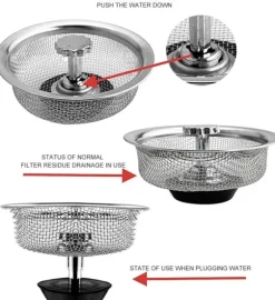 Avloppssil diskbänkssil med plugg med handtag rostfritt stål Silver 2-pack