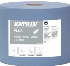 Avtorkningspapper Katrin Plus blått Ø26,5 cm x 350 m 2-lagers, nyfiber, 2 rullar/förpackning