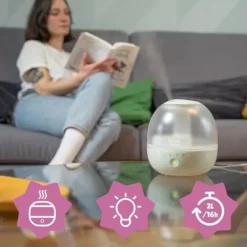 Badabulle Bubble Luftfuktare - Säkerställer bra luftfuktighetsnivå - Integrerad nattlampa - 360° Munstycke - Upp till 16 timmars batteritid (2L)