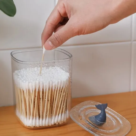 Badrumsbehållare Multifunktionstransparenta bomullspinnar Förvaringsbehållare med lock för hemval