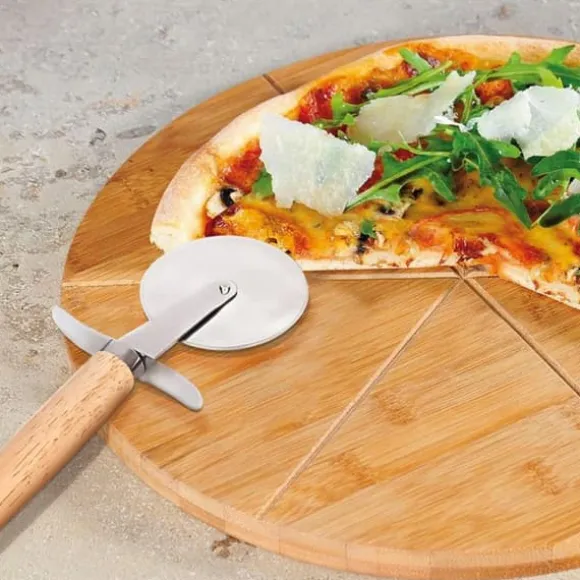 Bambu Pizza Fatär med Inox Pizzaskärare För Precisionsskärning Cheffinger Ljusbrun