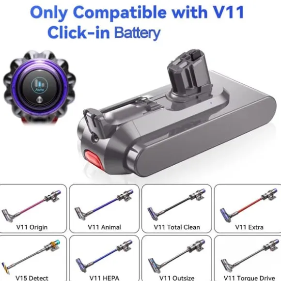 Batteri till Dyson V11, ersättningsbatteri 25,2 V 6000 mAh, V11 Click-in-version (SV14), färg: grå