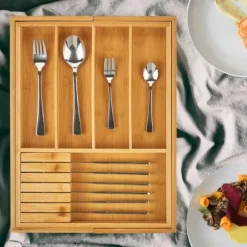 Bestickslåda, Utdragbar Bambuträ, 5x56x43 cm, Brun