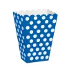 blå popcornlådor med vita prickar