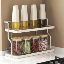 Bänkskiva Hylla Organizer Kolstål 2-vånings multifunktionellt kök Kryddställ för sovrum Badrumsskåp under diskbänk Krämvit