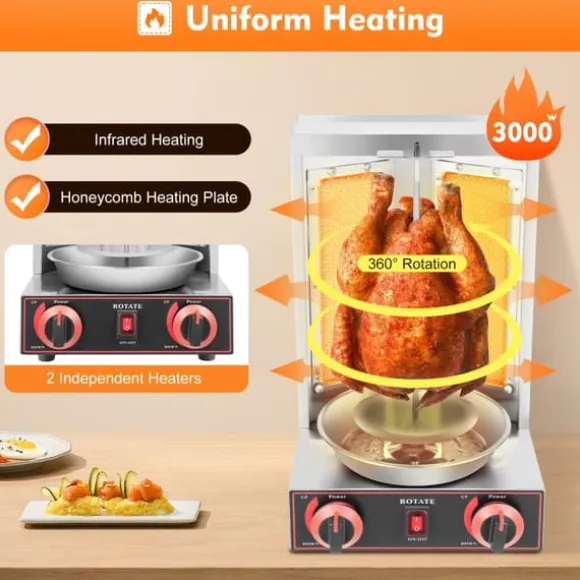 Bordgrill, vertikal döner-/kebabgrill 3 kW, 360° roterande, rostfritt stål, för kyckling